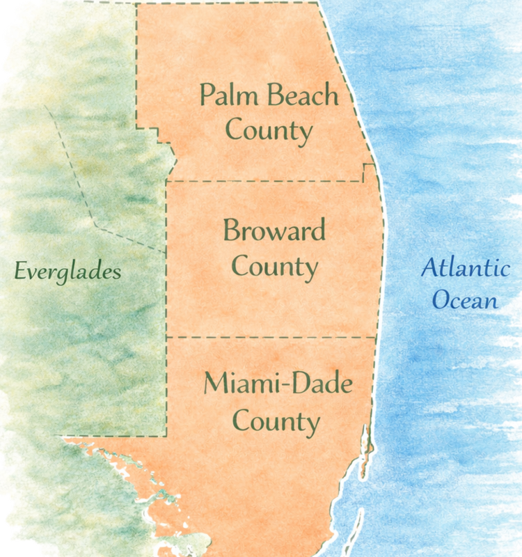 Service area map covering Broward, Palm Beach, and Miami-Dade counties